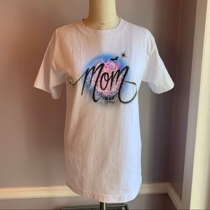 Airbrushed Mom white t-shirt with butterflies on pink, blue, purple background